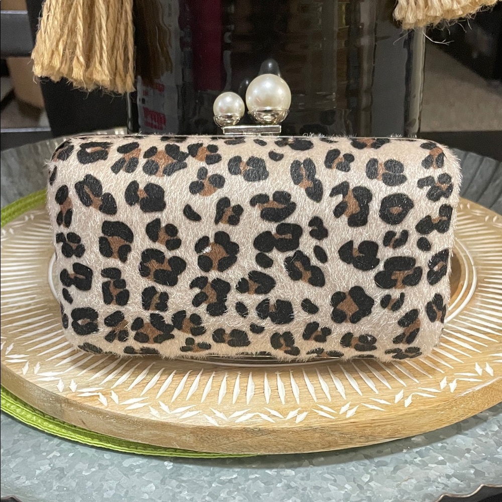 NWOT Leopard Print Clutch with Faux Pearl Clasp